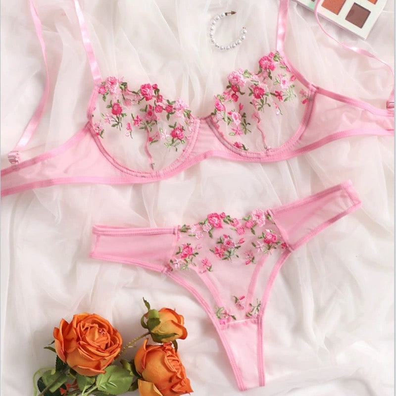 Embroidered Bra Mesh Sheer Lingerie Set