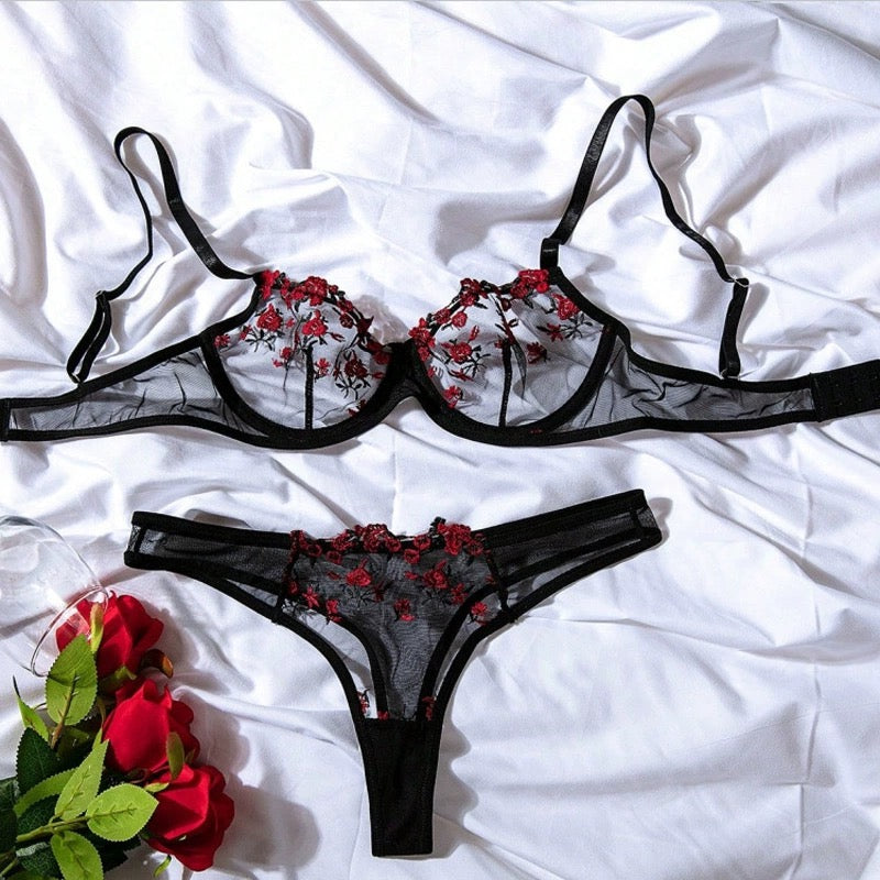 Embroidered Bra Mesh Sheer Lingerie Set